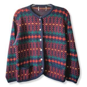 Vtg 80s Tally Ho Granny Cardigan Sweater L Multicolor Gold Button Classic